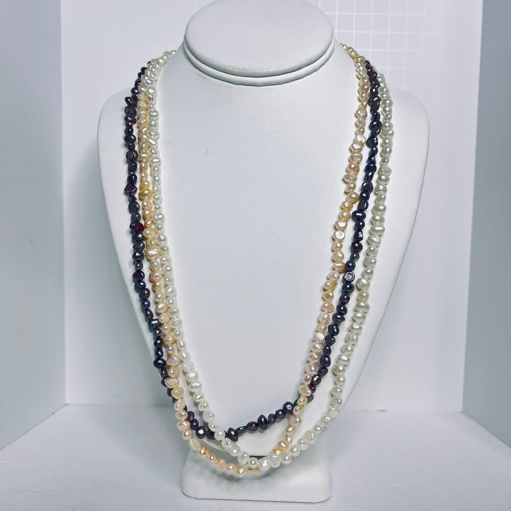 Set Of 3 Freshwater Pearl Necklaces White Cream & Black W/Sterling Clamp (5881) - Picture 1 of 7